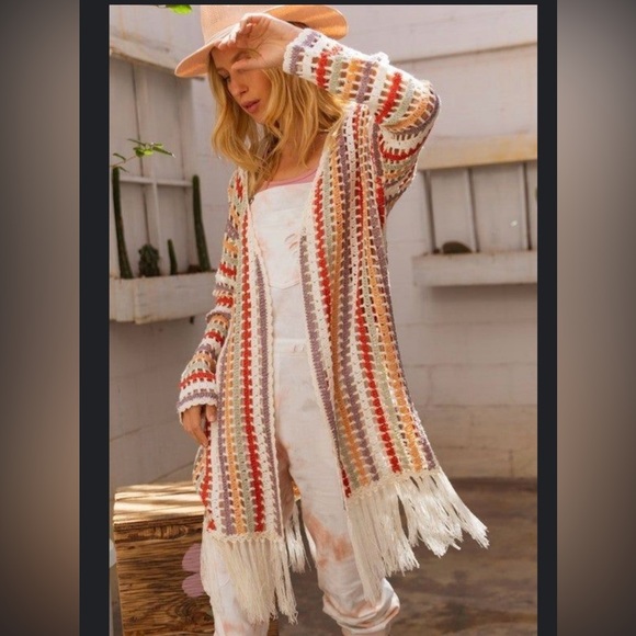 POL Sweaters - NWOT POL anthropologie crochet knit fringe boho midi cardigan sweater